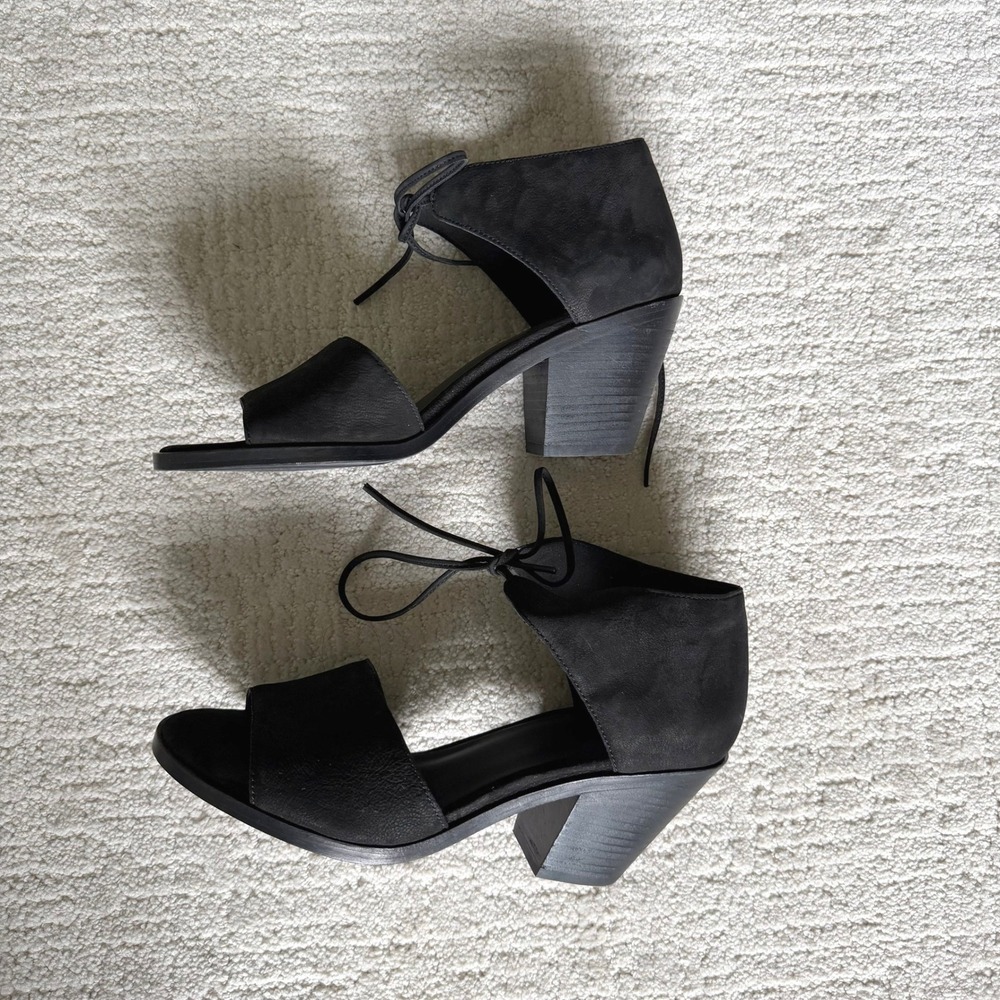 Eileen Fisher Black Leather Nubuck Lace Up Block Heel Sandals Size 8 Minimalist